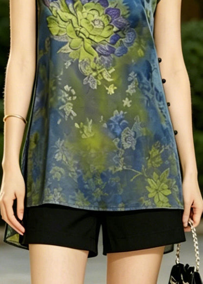 Women Blue Mandarin Collar Print Silk Vest Top Summer