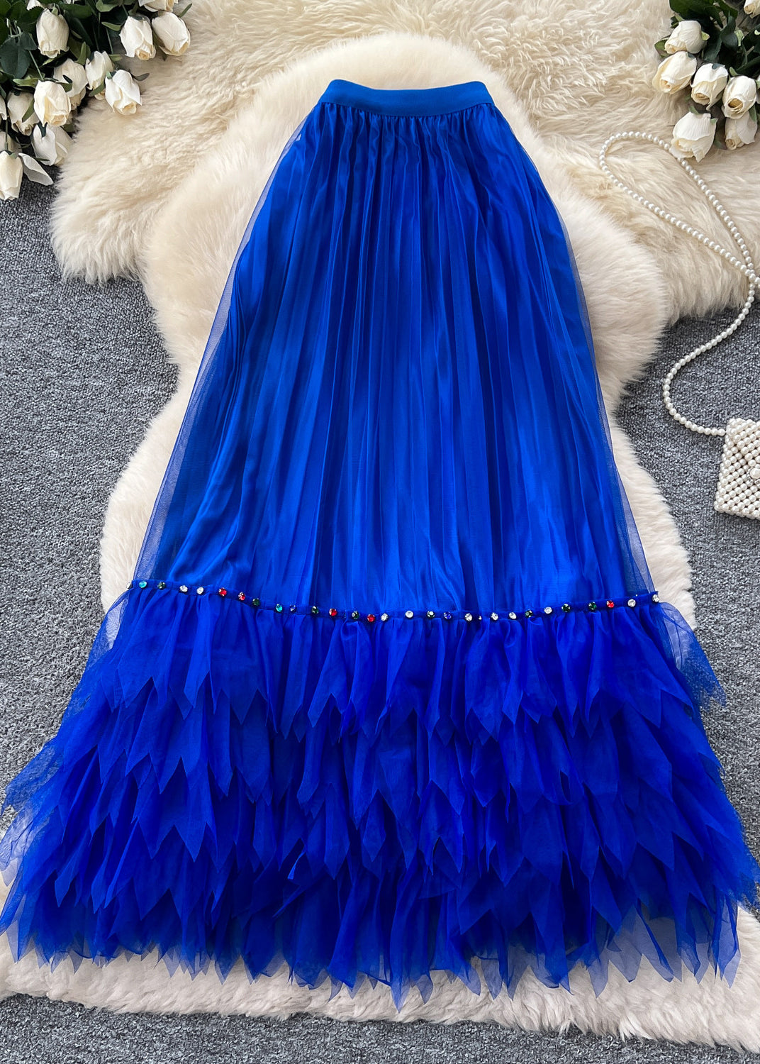 Women Blue Nail Bead Patchwork Tulle Skirts Summer