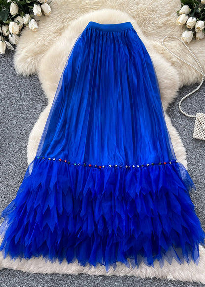 Women Blue Nail Bead Patchwork Tulle Skirts Summer