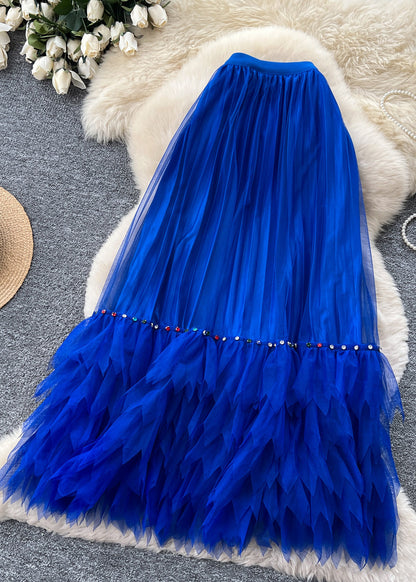 Women Blue Nail Bead Patchwork Tulle Skirts Summer
