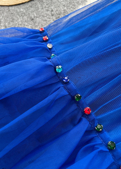 Women Blue Nail Bead Patchwork Tulle Skirts Summer