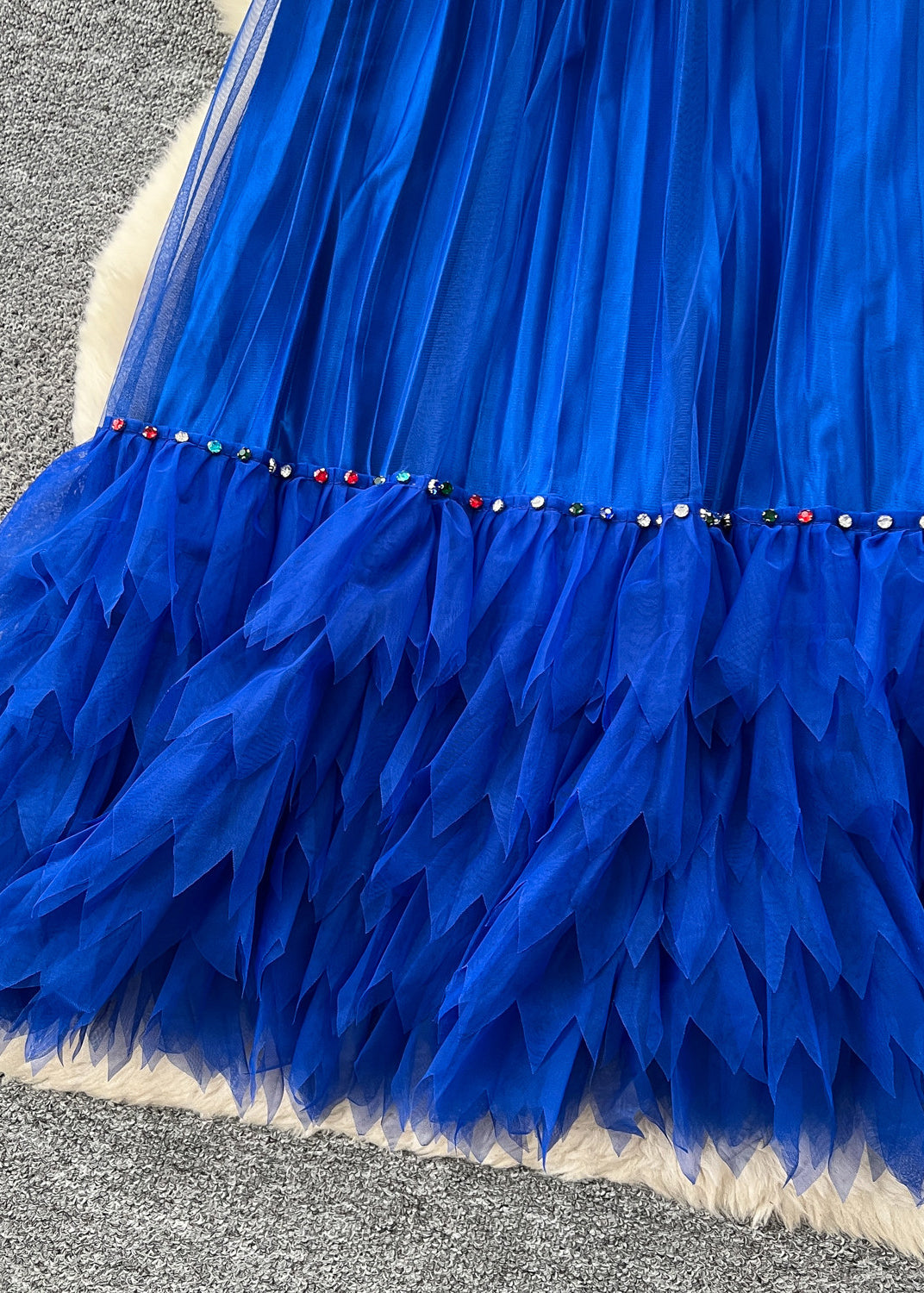 Women Blue Nail Bead Patchwork Tulle Skirts Summer