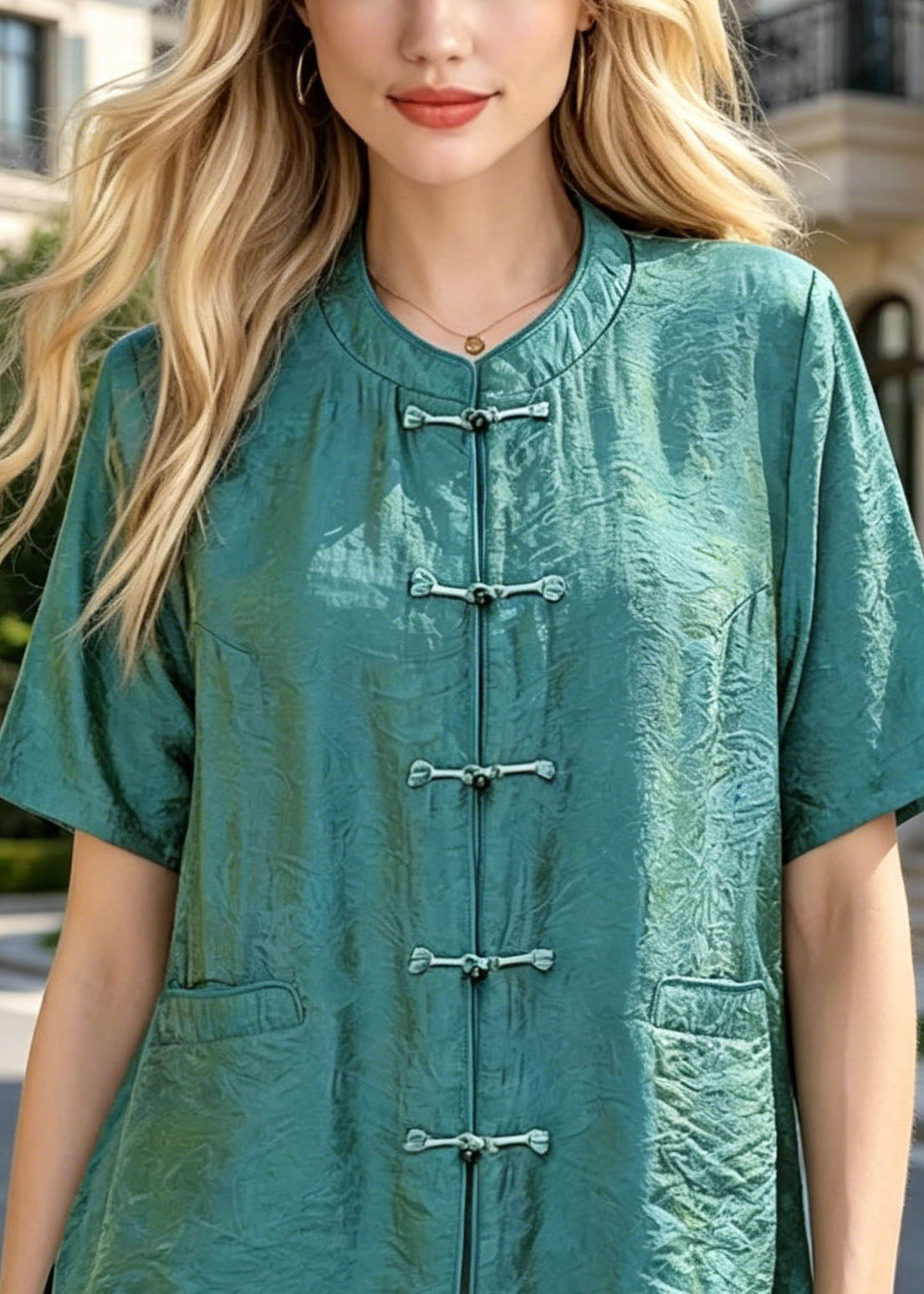 Women Blue O Neck Chinese Button Cotton Top Summer