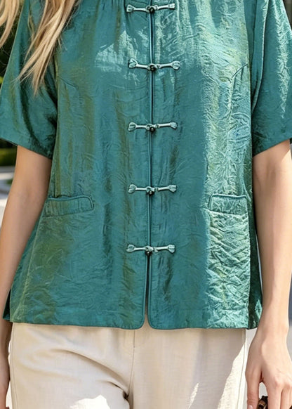 Women Blue O Neck Chinese Button Cotton Top Summer