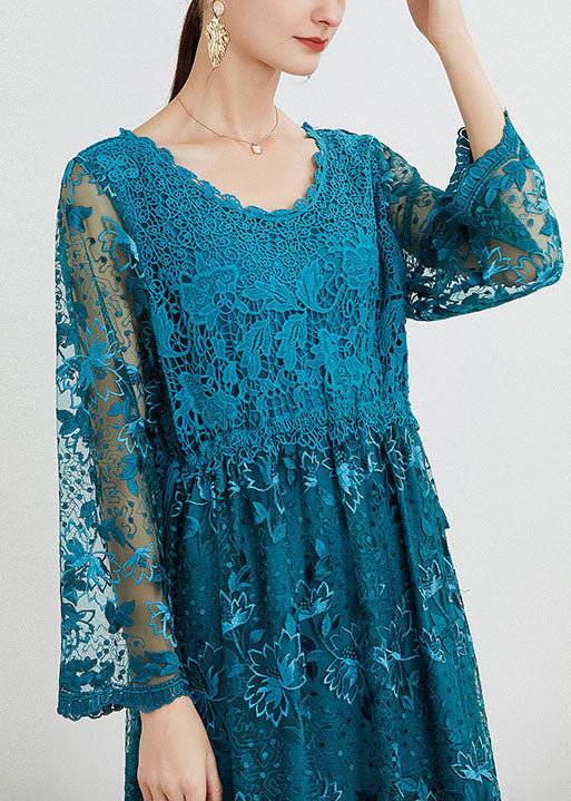 Women Blue O Neck Embroideried Patchwork Long Dresses Spring