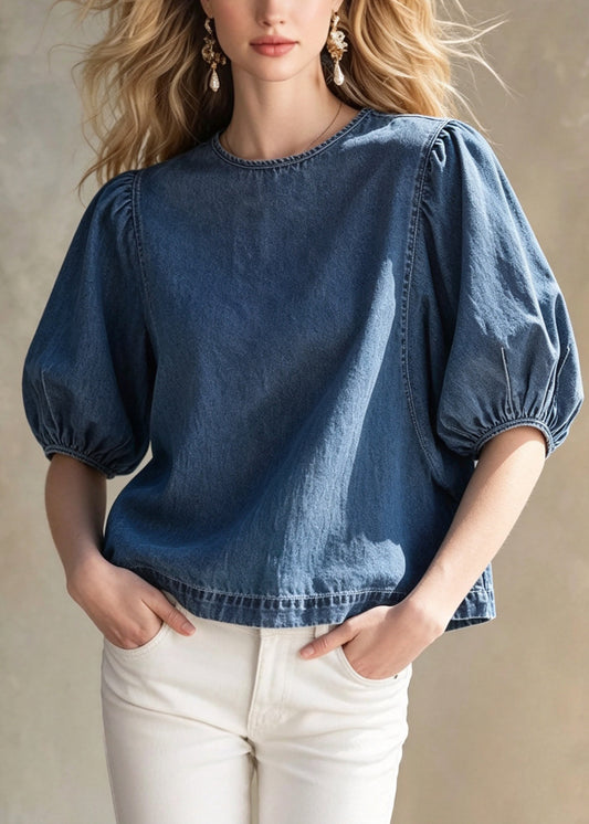 Women Blue O Neck Patchwork Puff Sleeve Denim Top