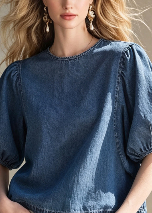 Women Blue O Neck Patchwork Puff Sleeve Denim Top