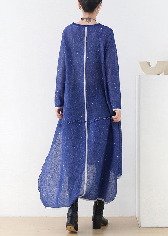 Women Blue O-Neck Pockets Fall Knit Dress - SooLinen