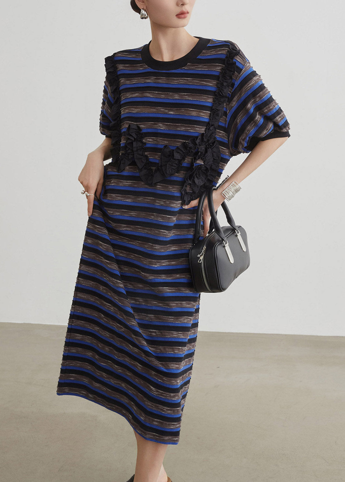 Women Blue O-Neck Striped Long Dress Short Sleeve