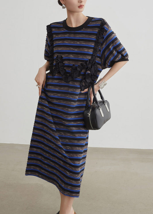 Women Blue O-Neck Striped Long Dress Short Sleeve