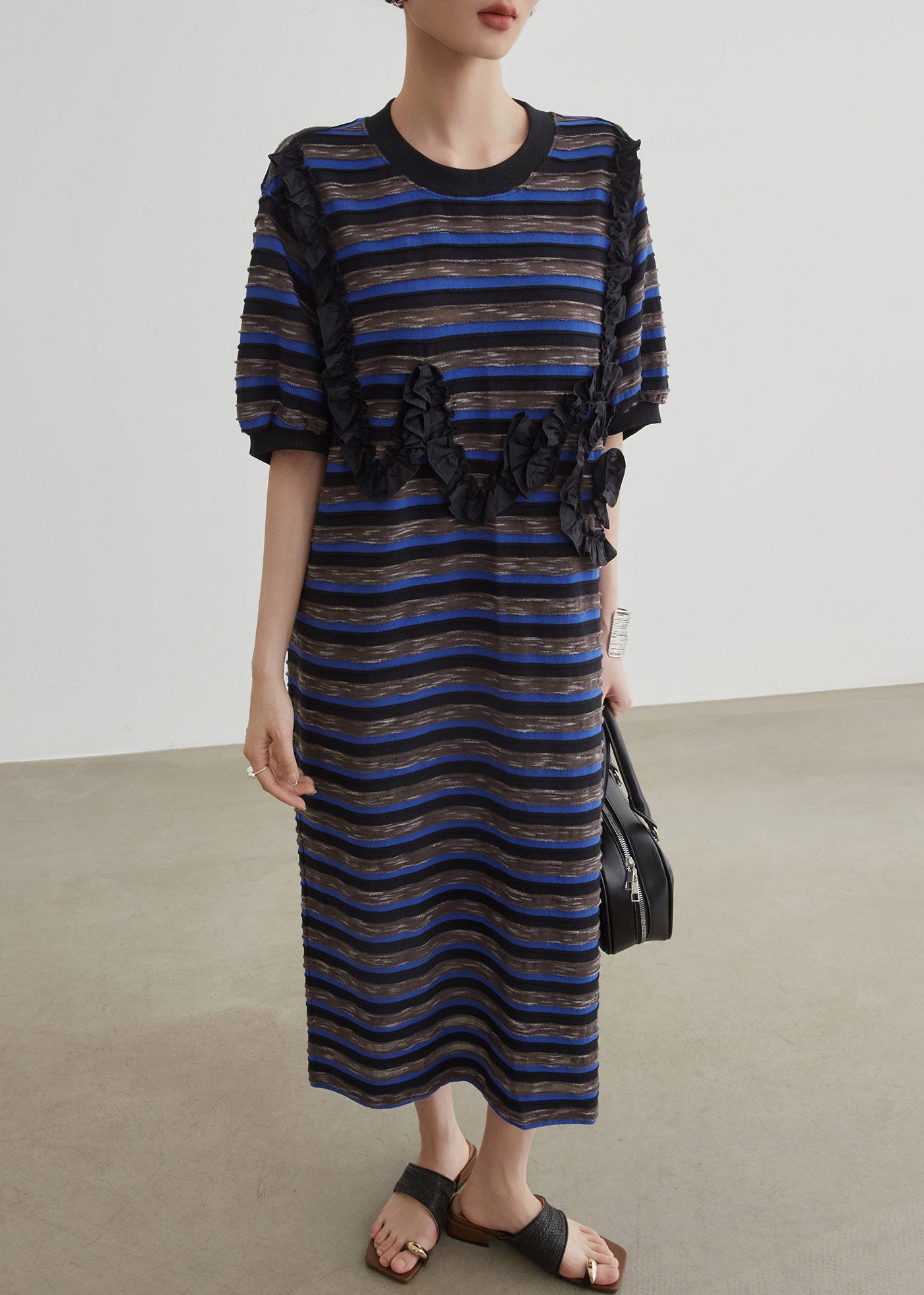 Women Blue O-Neck Striped Long Dress Short Sleeve