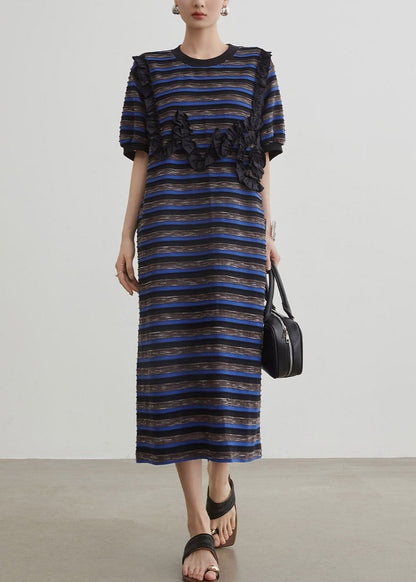 Women Blue O-Neck Striped Long Dress Short Sleeve