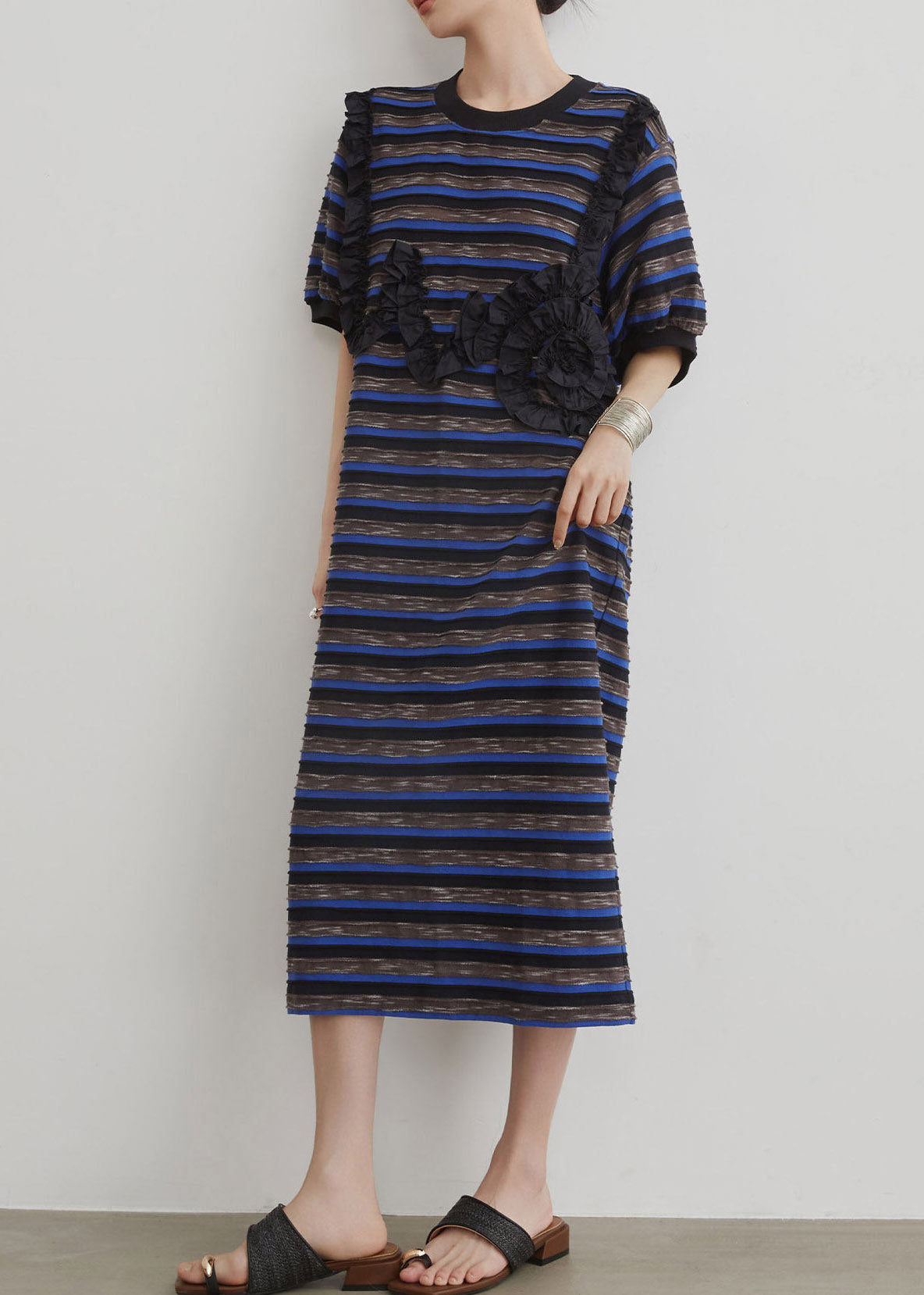 Women Blue O-Neck Striped Long Dress Short Sleeve