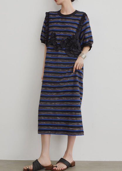 Women Blue O-Neck Striped Long Dress Short Sleeve