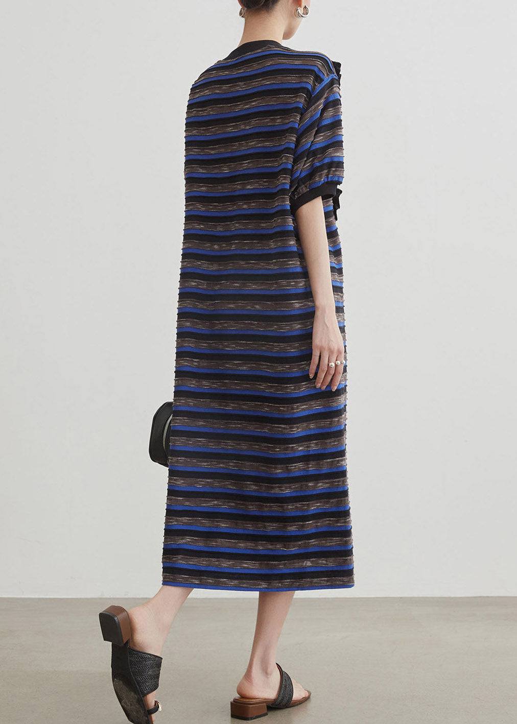Women Blue O-Neck Striped Long Dress Short Sleeve