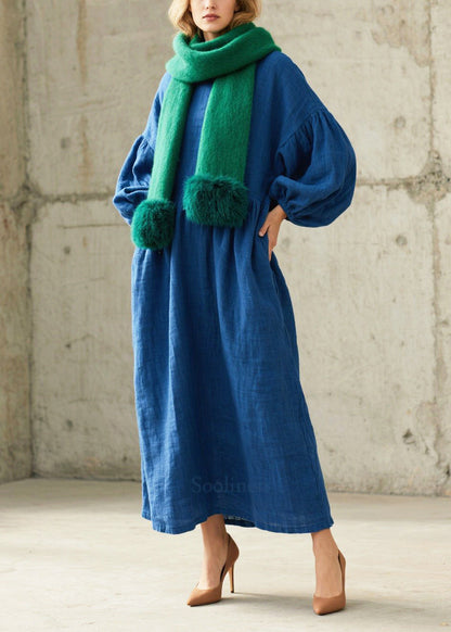 Women Blue Oversized Cotton Ankle Dress Lantern Sleeve