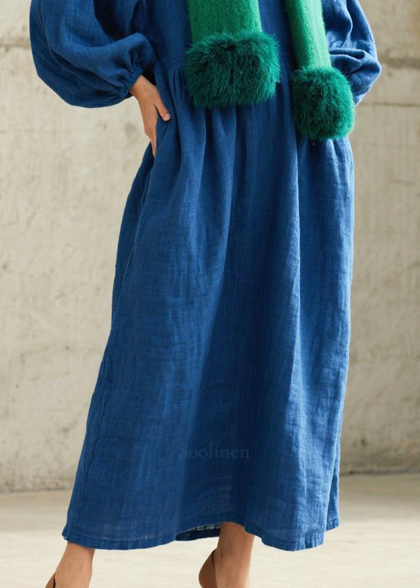 Women Blue Oversized Cotton Ankle Dress Lantern Sleeve