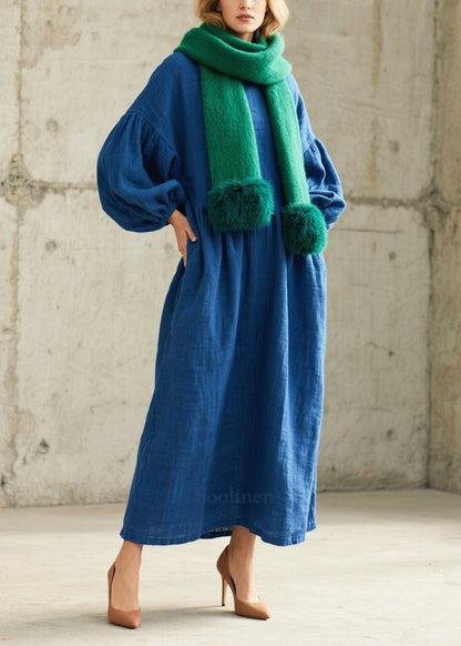 Women Blue Oversized Cotton Ankle Dress Lantern Sleeve
