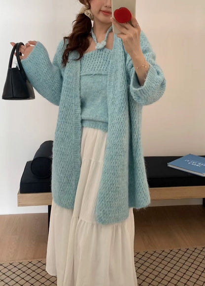 Women Blue Oversized Floral Decorated Knit Two Pieces Set Winter