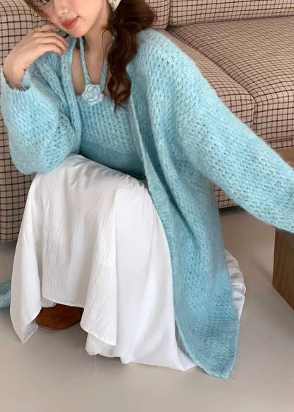 Women Blue Oversized Floral Decorated Knit Two Pieces Set Winter