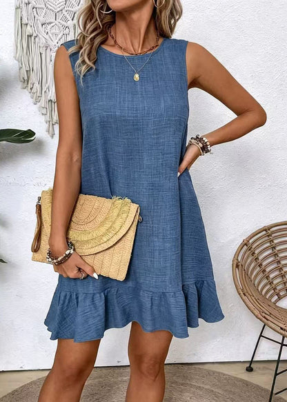 Women Blue Oversized Lace Up Cotton Work Dress Sleeveless