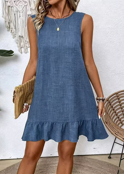 Women Blue Oversized Lace Up Cotton Work Dress Sleeveless