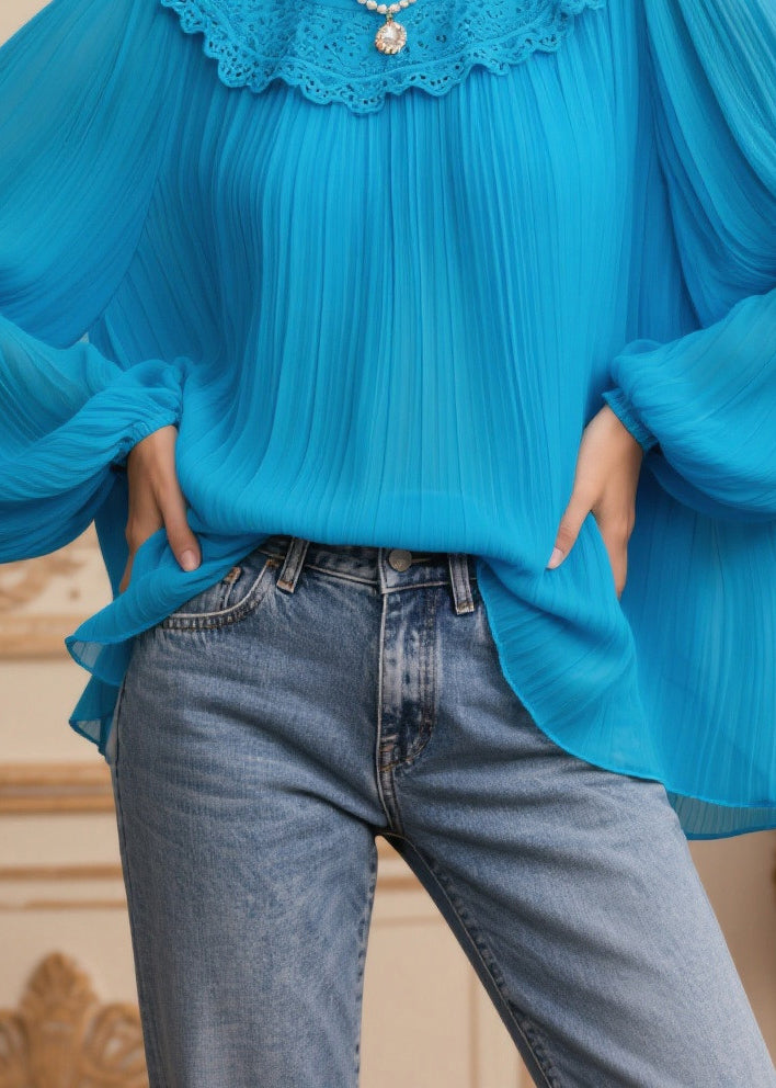 Women Blue Oversized Patchwork Lace Chiffon Pleated Blouses Spring