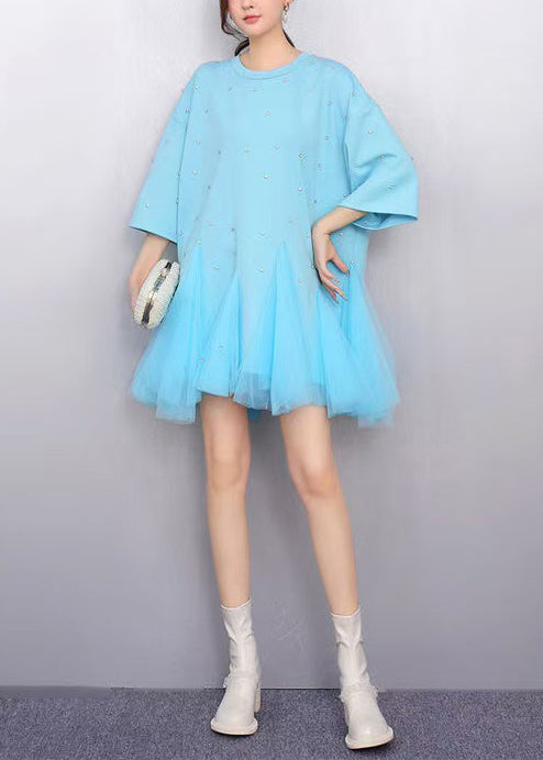Women Blue Oversized Patchwork Tulle Mini Dress Summer