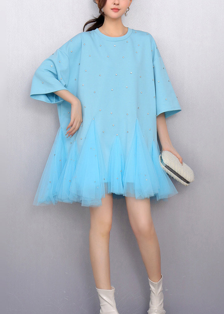 Women Blue Oversized Patchwork Tulle Mini Dress Summer