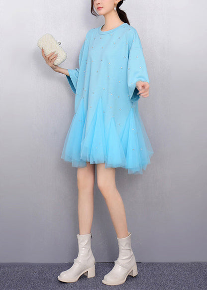 Women Blue Oversized Patchwork Tulle Mini Dress Summer
