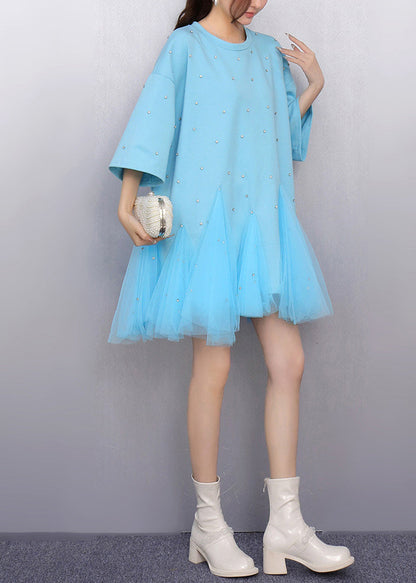 Women Blue Oversized Patchwork Tulle Mini Dress Summer