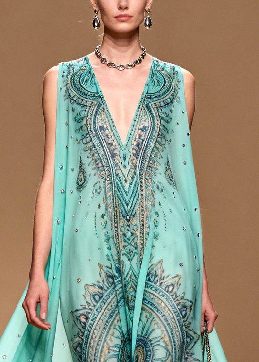 Women Blue Oversized Print Rhinestone Chiffon Beach Dress Summer