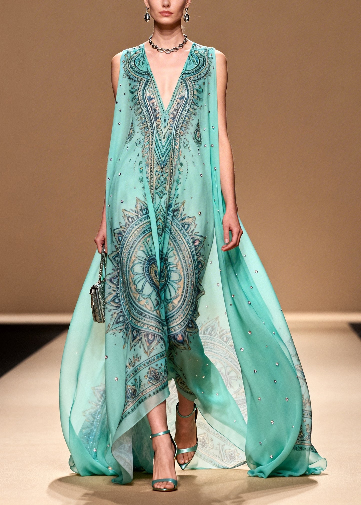 Women Blue Oversized Print Rhinestone Chiffon Beach Dress Summer