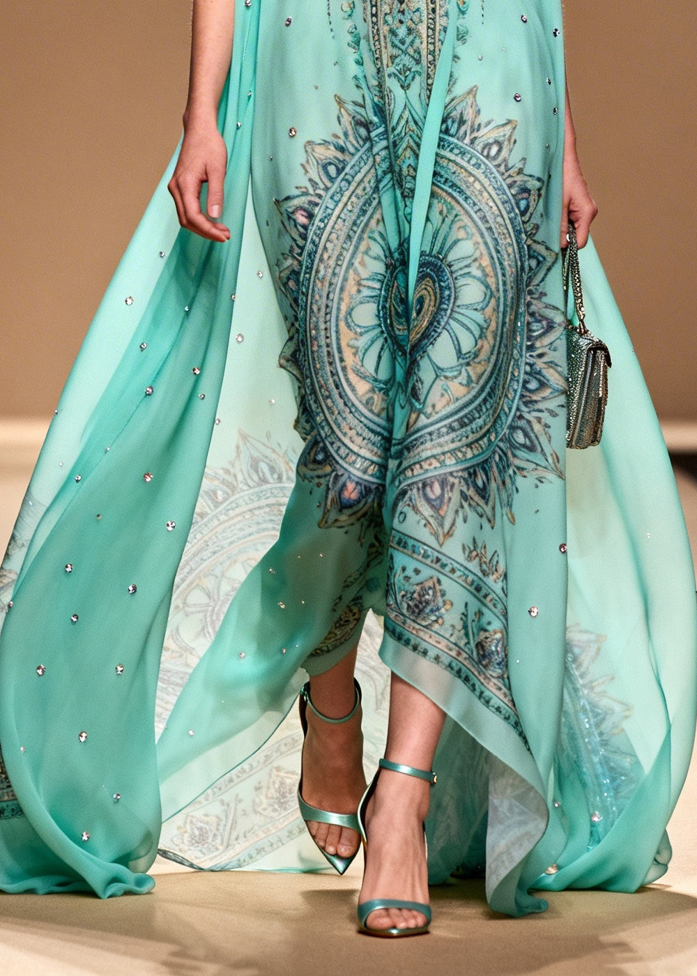 Women Blue Oversized Print Rhinestone Chiffon Beach Dress Summer