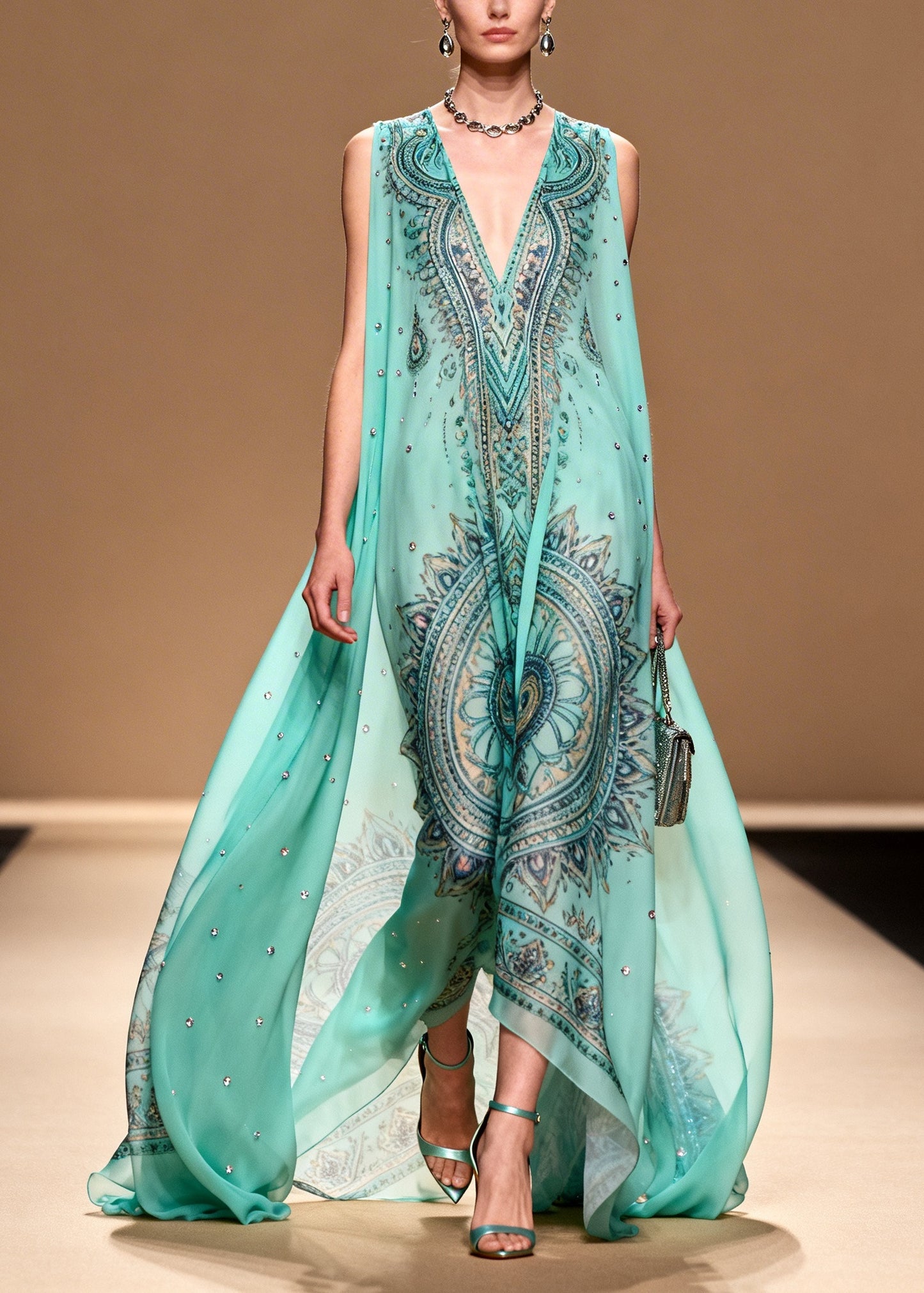 Women Blue Oversized Print Rhinestone Chiffon Beach Dress Summer