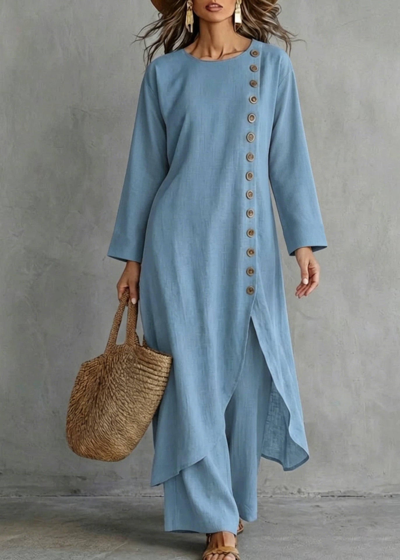 Women Blue Oversized Single Breasted Cotton Women Sets 2 Pieces Fall