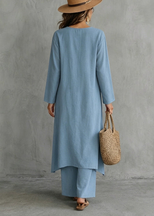 Women Blue Oversized Single Breasted Cotton Women Sets 2 Pieces Fall