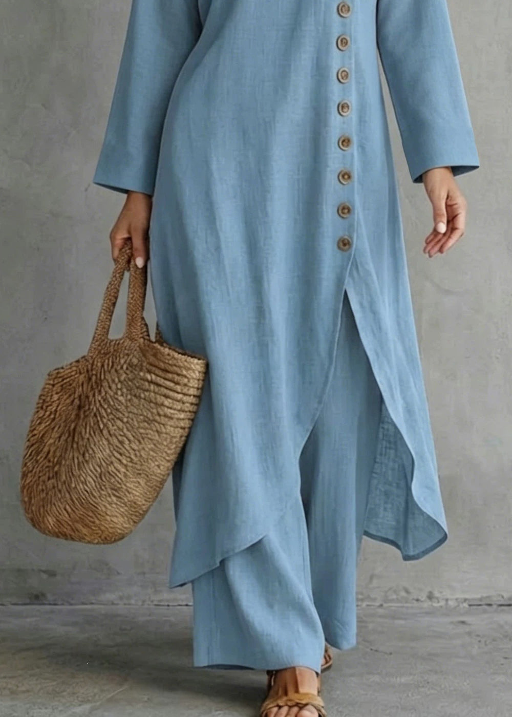 Women Blue Oversized Single Breasted Cotton Women Sets 2 Pieces Fall