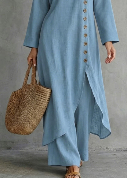 Women Blue Oversized Single Breasted Cotton Women Sets 2 Pieces Fall