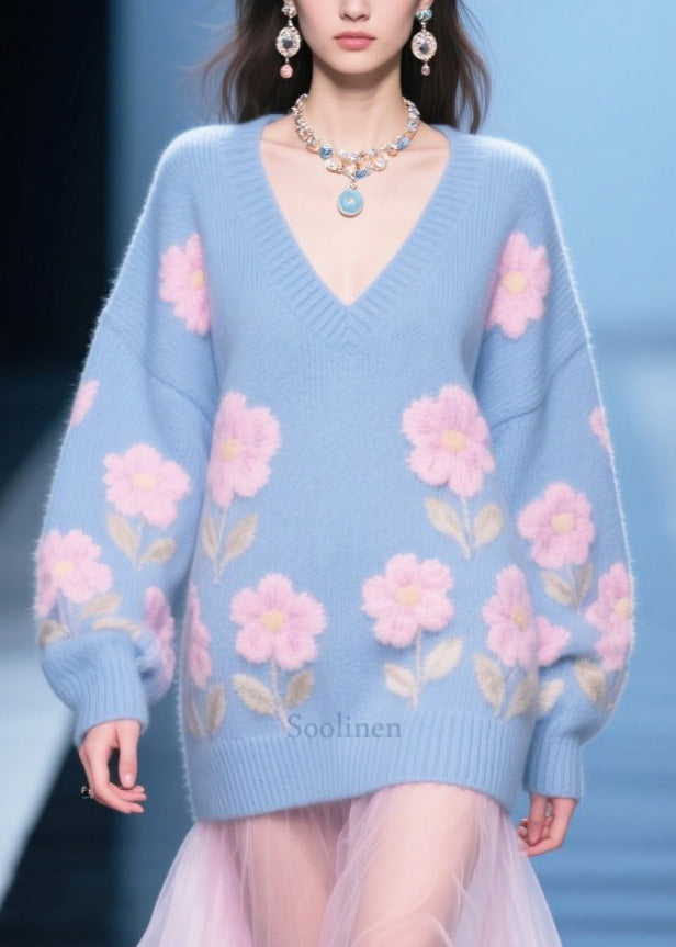 Women Blue Patchwork Tulle Flower Jacquard Knit Dress Winter