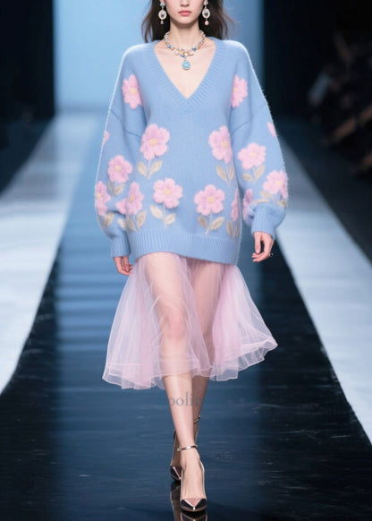 Women Blue Patchwork Tulle Flower Jacquard Knit Dress Winter