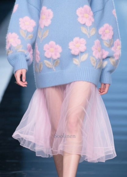 Women Blue Patchwork Tulle Flower Jacquard Knit Dress Winter