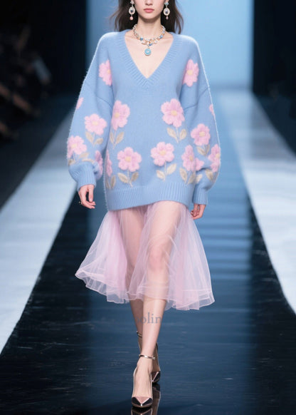 Women Blue Patchwork Tulle Flower Jacquard Knit Dress Winter