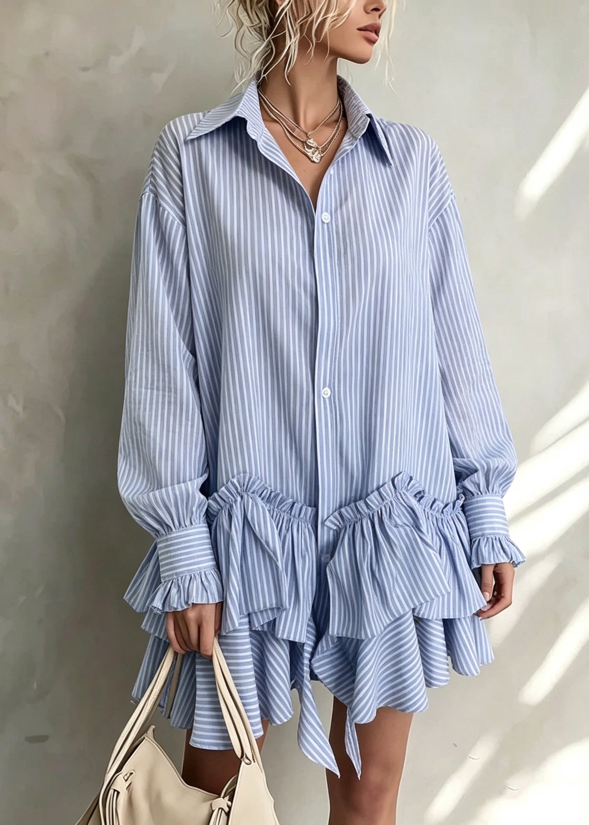 Women Blue Peter Pan Collar Asymmetrical Design Striped Cotton Shirts Dress Fall
