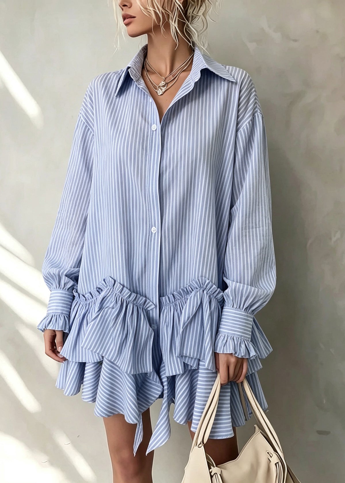 Women Blue Peter Pan Collar Asymmetrical Design Striped Cotton Shirts Dress Fall