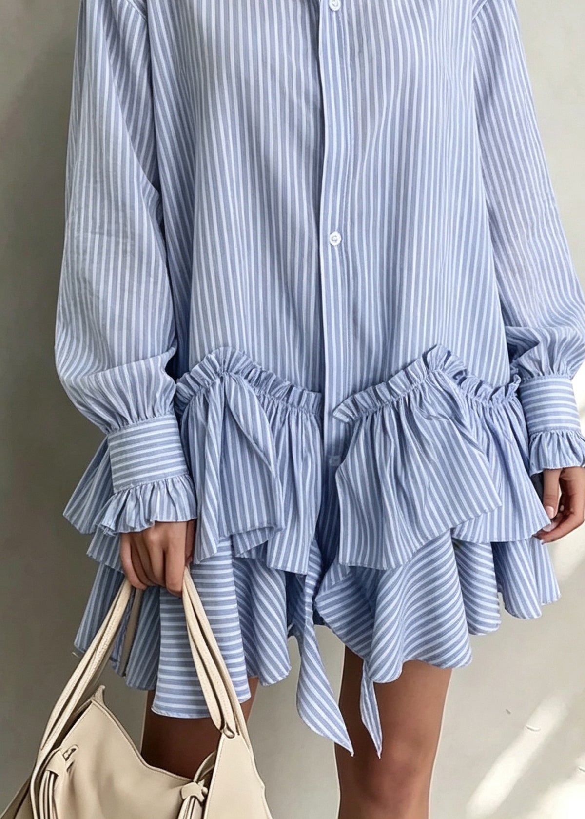 Women Blue Peter Pan Collar Asymmetrical Design Striped Cotton Shirts Dress Fall