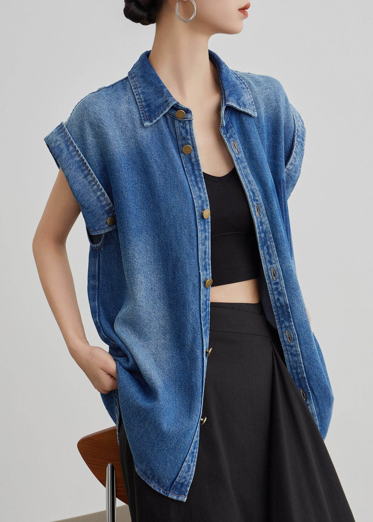 Women Blue Peter Pan Collar Button Denim Shirt Coat Summer