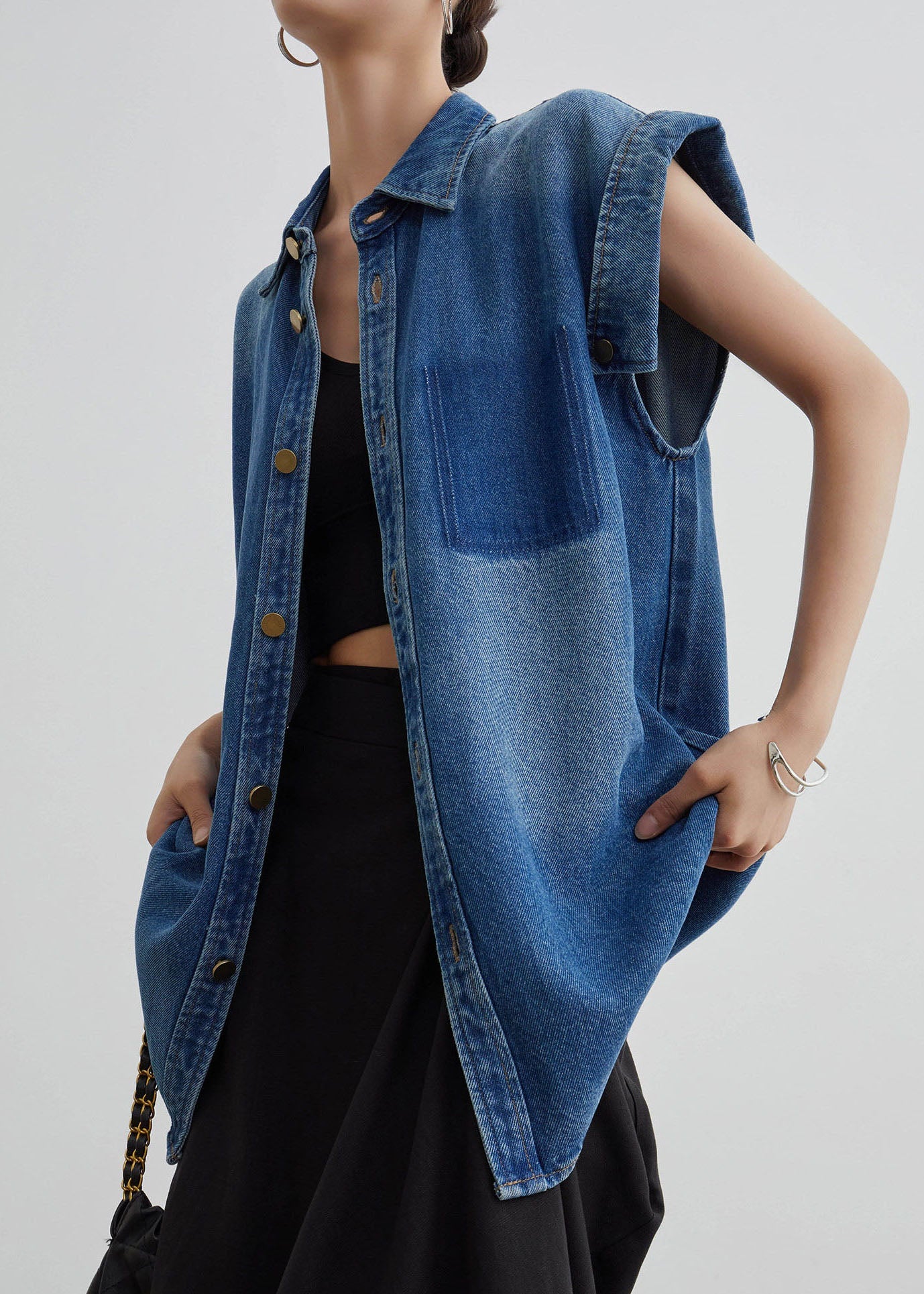 Women Blue Peter Pan Collar Button Denim Shirt Coat Summer