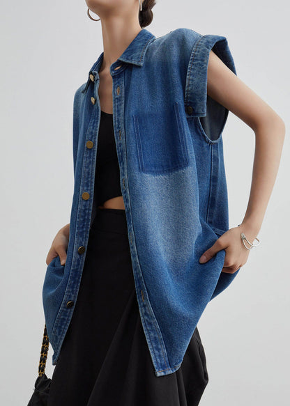 Women Blue Peter Pan Collar Button Denim Shirt Coat Summer