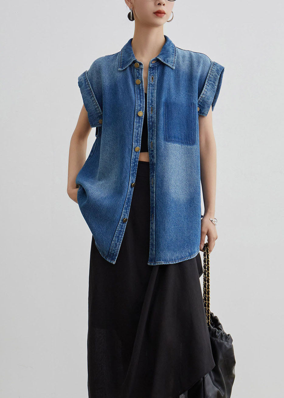 Women Blue Peter Pan Collar Button Denim Shirt Coat Summer